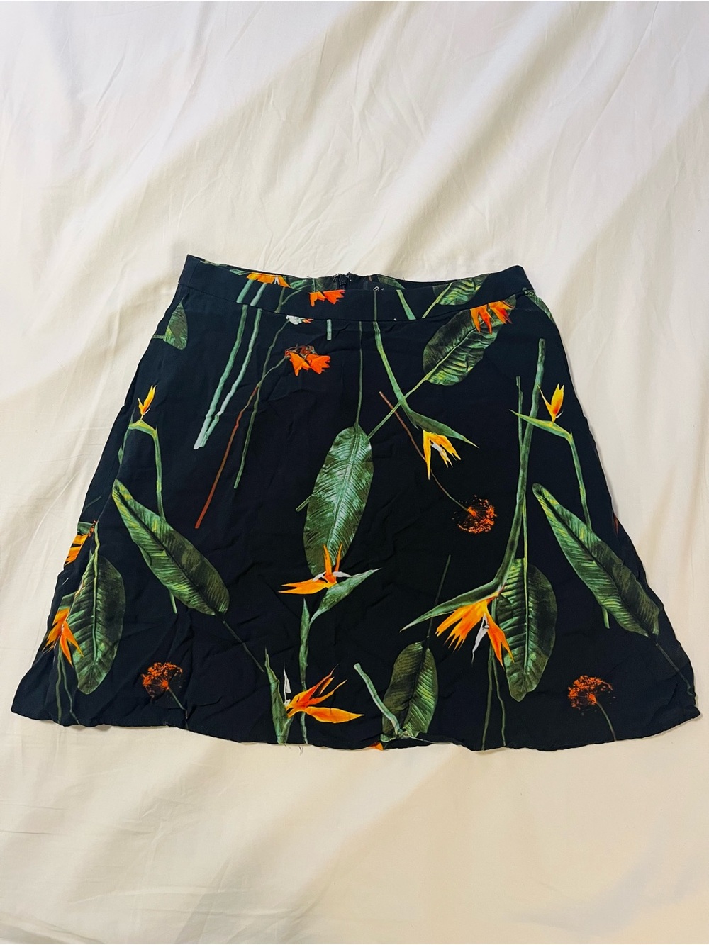 Women's Black Tropical Print A-Line Skirt Birds of Paradise